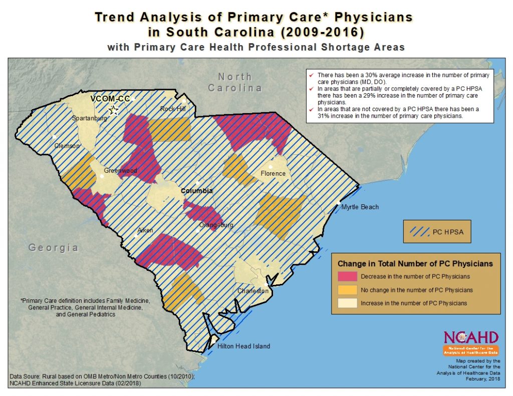 SC PC Physicians Change 2009 to 2017 with PC HPSA